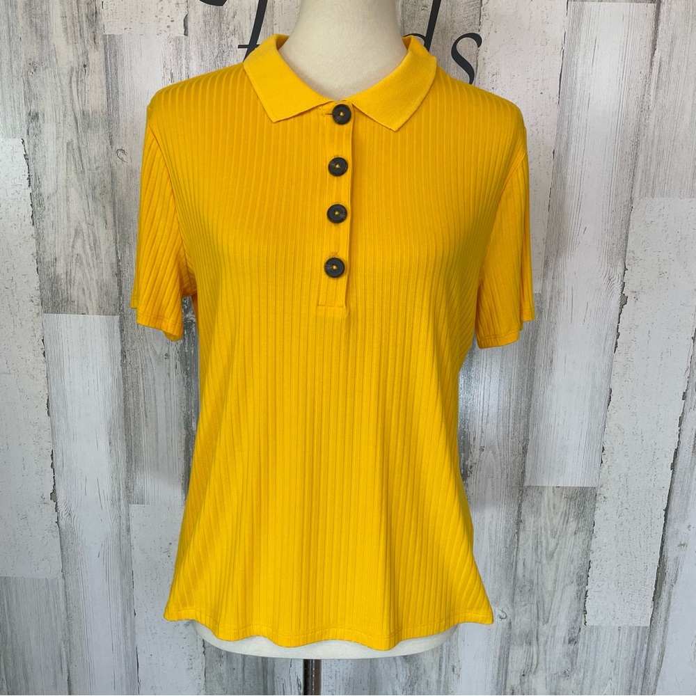 Worthington Yellow Ribbed Knit Short Sleeve Collared Neck 1/4 Button Up Top XL